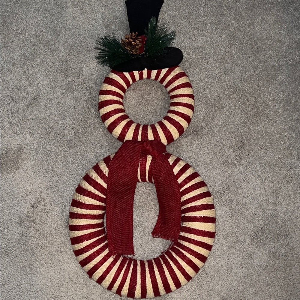 Vintage Hand crafted Festive Red and White Snowman Wreath  Made with Burlap- EUC